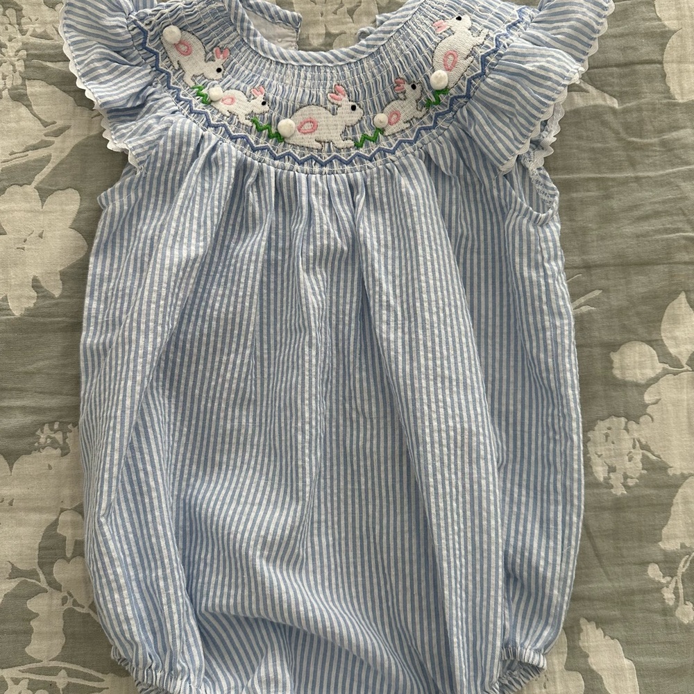 Blue Striped Baby Romper with Embroidery